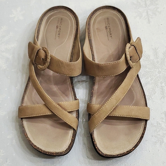 Rockport Shoes - Rockport Beige Leather Upper Side Buckle Sandals Women's Size 10 Wide